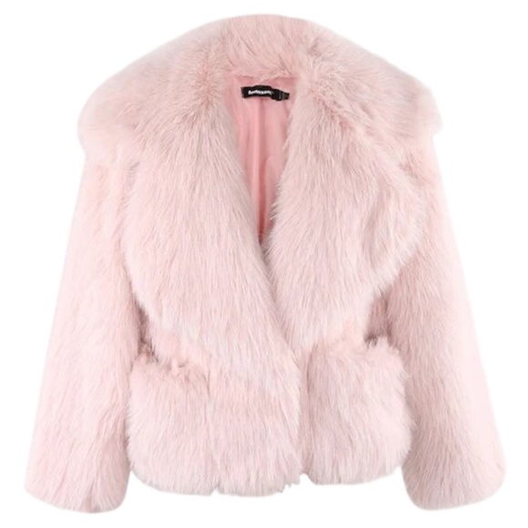 Jackets & Blazers - Women's Pink Faux Fur Coat – Oversized Collar, Side Pockets